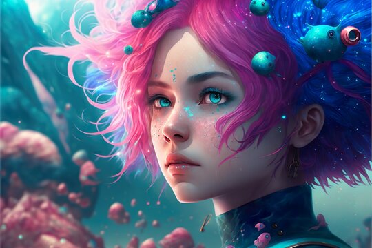 Close Up Of Beautiful Anime Girl That Has Blue And Pink Hair With Blue Eyes. Underwater Floating. Generative Ai Technology