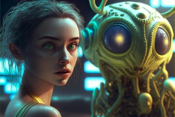 Mysterious Gaze: A Girl and an Alien in Awe of the Unknown. Generative ai technology used.