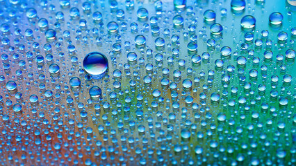 Water drops. Abstract gradient backdrop. Texture of the drops. Blue-green gradient. Heavily textured image. Shallow depth of field. Selective focus