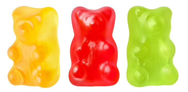 Set of yellow, red and green jelly gummy bears, cut out