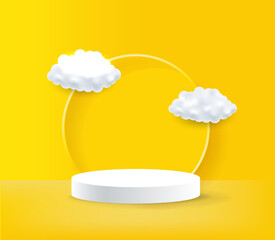 Realistic Pedestal Podium With White Cloud Flying With Yellow Background