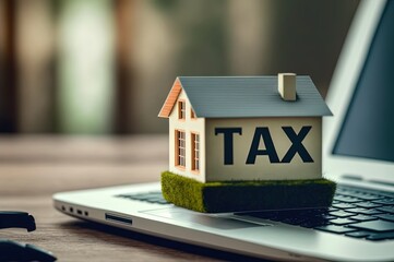 tax household concept, the word TAX on house roof with laptop, generative Ai