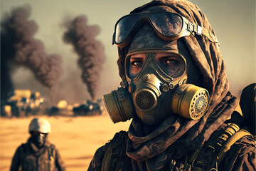 Moderne futuristische Krieger oder Soldaten in der Wüste mit brennenden Öl Feldern im Hintergrund - mit AI erstellt 