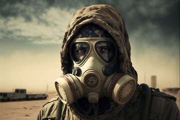 Das Porträt eines futuristischen Soldaten, der mit einer Gasmaske in der Wüste steht-mit AI erstellt 
