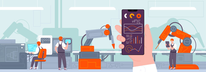 Smartphone factory control. Smart digital iot communications in mobile app, manufacturing revolution automation system phone operator device monitoring splendid vector illustration
