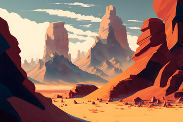 Drawing of a beautiful landscape with mountains and an arid desert. Generative AI.