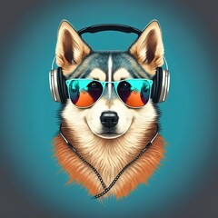 husky dog with a headphone and sunglasses flat illustration