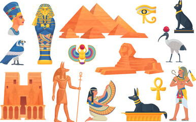 Cartoon egyptian elements. Ancient egypt statue and mythology objects, birds scarab jackal history god sphinx pharaoh building architecture for game, ingenious vector illustration - obrazy, fototapety, plakaty