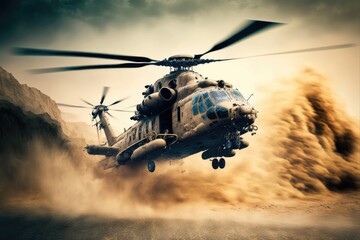 Military helicopter flying at high speed