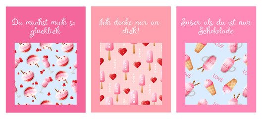 Fototapeta na wymiar Romantic phrases in German for valentine's day. Set of cute postcards in cartoon style. Vector illustration