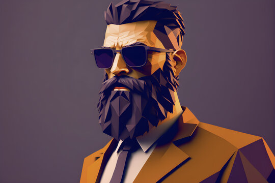 Drawing Of A Man With Sunglasses And Beard On A Solid Color Background. Faceted Illustration In Pop Art. Generative AI.