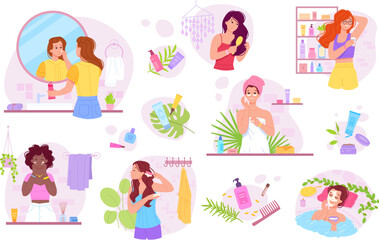 Women bathroom routine. Woman morning lifestyle, face hydration hair moisturisation shampooing, girl use armpit deodorant spa natural skincare scrub oil, swanky vector illustration