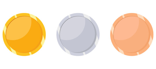 Sports medals. Golden silver bronze medal. Champion winner.  Illustration of championship trophy, champion medal 