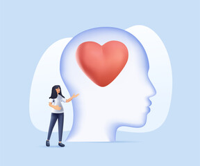 3D healthy mentality and self care illustration. Feeling confident and strong. Yoga and meditation banner. Happy woman feel confident, relax, accept love herself. Selfcare acceptance vector 3d render