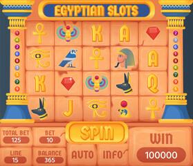 Obraz premium Egyptian slots. Game casino slot frame in ancient egypt civilization style, pharaoh history symbol background texture with gold jewelry icon elements, ingenious vector illustration