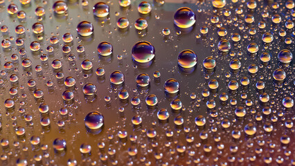Water drops. Texture of the drops. Abstract gradient background. Golden rainbow gradient. Heavily textured image. Shallow depth of field. Selective focus