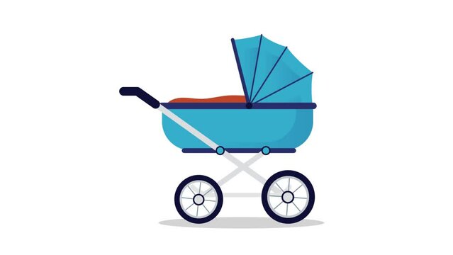 Baby stroller animation - Boys pram in blue colour moving around with spinning wheels. Flat design animation on white background