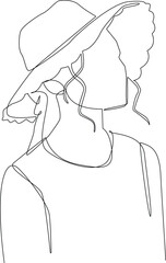 Woman use hat on head is so beautiful drawing by continuous line. Womens day minimalist concept, simple line, simple continuous line, Females for feminism, independence, sisterhood, empowerment.