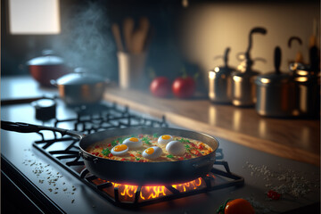 Pan on gas stove in the kitchen interior Generative AI