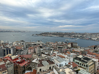 Fototapeta na wymiar Old Istanbul and Bosphorus view from Galata Tower. Old town Istanbul view from Galata Tower. Istanbul panorama, Turkey
