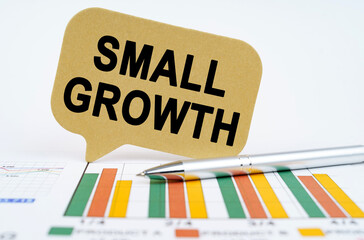 On the financial charts lies a pen and a sign with the inscription - Small Growth