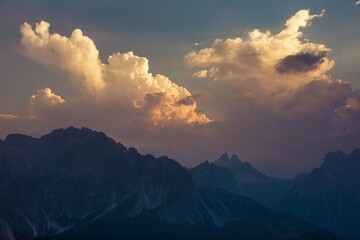 Evening sunset view of the Sexten dolomites mountains