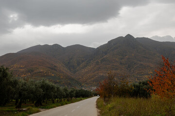 the road to the village in the countryside , road photo taken from ground level mountain in background