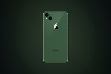 New smart phone with camera to call template design. Sim card is owned. Vector green cell phone back view mockup on dark background