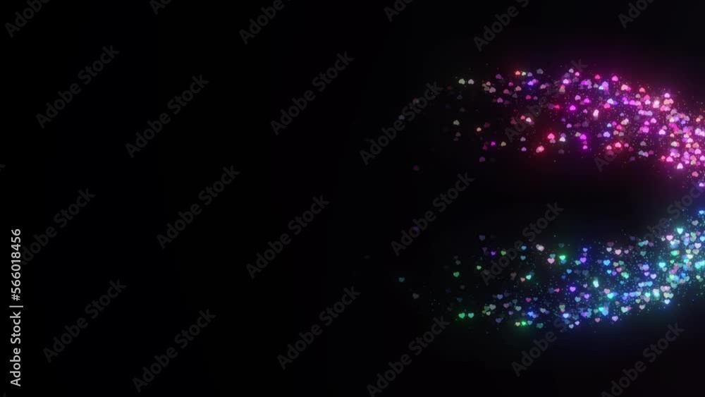 Poster particle heart shape blue and pink glitter trail particle moving on black background. glitter partic