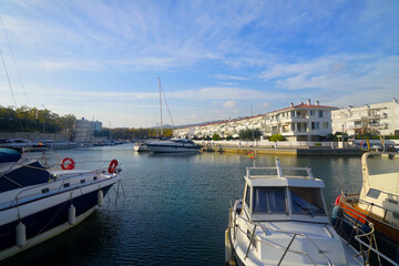 Fototapeta premium marina with yachts and boats in Port d'Aro near Platja d'Aro, Costa Brava, Catalonia, Spain 