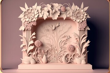 Pink paper art podium and flower. Product stage, stucco pedestal with floral wall. Platform 3D front view. Generative AI