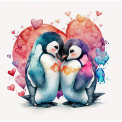 Valentines Day. Baby Penguins. Hearts. Love. Graphic Resource. Generative Ai