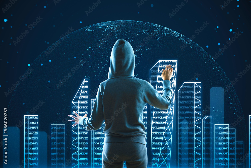 Poster Back view of hacker standing on digital tech city background. Digital landscape in a cyber world concept.