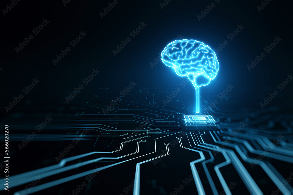 Aufkleber Futuristic design of artificial Intelligence brain with circuit board. Learning process and problem solving concept. Abstract digital technology background with mock up place. 3D Rendering.