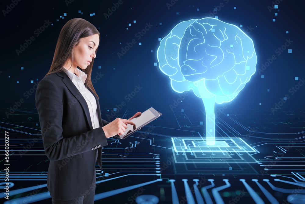 Aufkleber  businesswoman using tablet with hologram. Futuristic design of artificial Intelligence brain with circuit board. Learning process and problem solving concept. Abstract digital technology background.