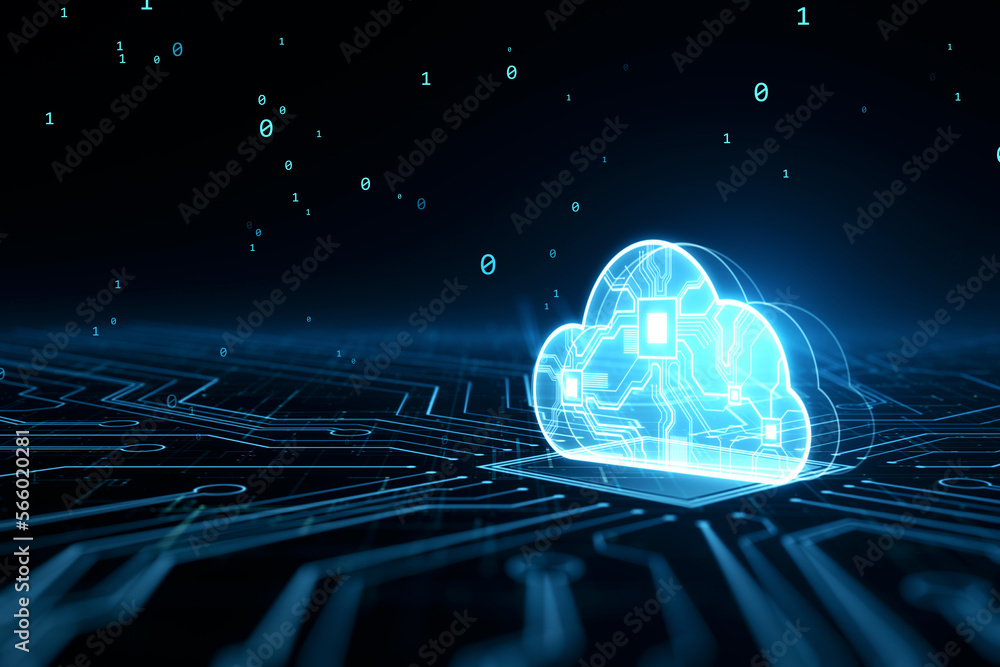 Aufkleber Glowing cloud hologram. Cloud computing technology internet on converging point of circuit and abstract blue backdrop. Cloud Service, Cloud Storage Concept. 3D Rendering.