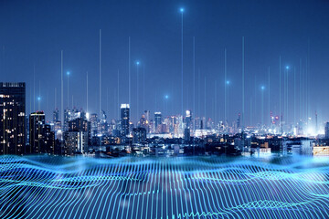 Smart city and big data connection technology concept with digital blue wavy wires with antennas on night megapolis city skyline background, double exposure - obrazy, fototapety, plakaty