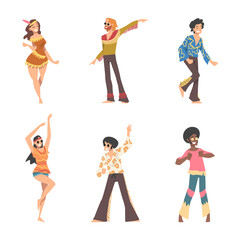 Fototapeta premium Hippie People Character in Retro Style Clothing Standing and Dancing Vector Set