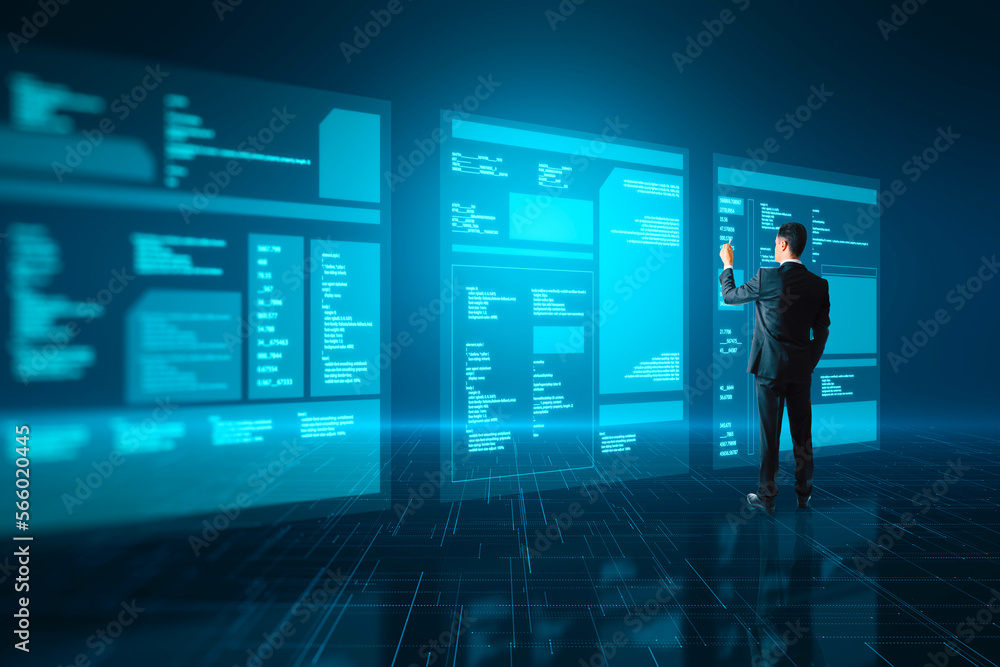 Poster Back view of businessman using digital database folded on blurry blue background with reflections. Digital transformation and media concept.