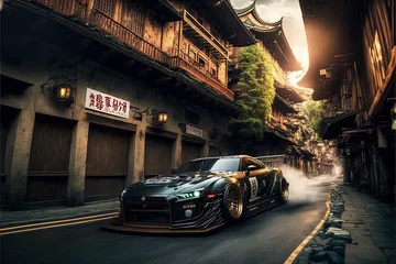 Afwasbaar Fotobehang Auto Fast sports car racing through Japanese Streets-AI Generated