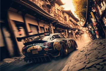 Afwasbaar Fotobehang Auto Fast sports car racing through Japanese Streets-AI Generated