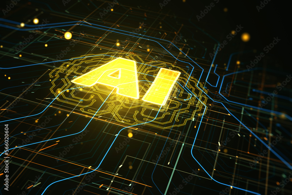 Poster Futuristic design of artificial Intelligence ai brain with circuit board. Learning process and problem solving concept. Abstract digital technology grid wallpaper. 3D Rendering.