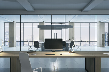 Modern coworking office interior, wooden and concrete details, window with city view and daylight. 3D Rendering.