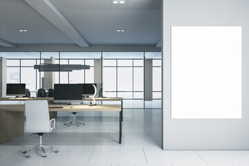 Modern coworking office interior with blank white mock up banner on wall, wooden and concrete details, window with city view and daylight. 3D Rendering.