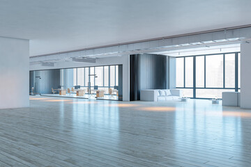Obraz premium Contemporary glass corridor office interior with window and city view. Workplace concept. 3D Rendering.
