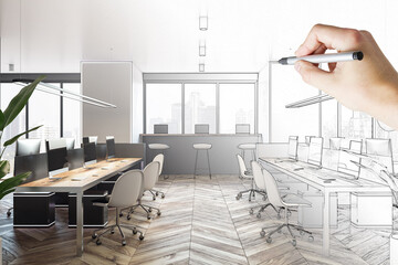 Hand drawn modern wooden coworking office interior sketch with window and city view, daylight, furniture and equipment.