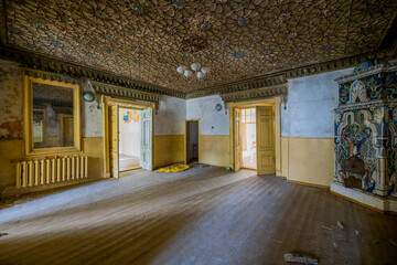 An old school in an abandoned manor house in central Poland, Europe in autumn
