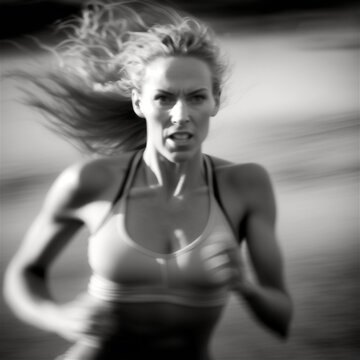 AI Generated person. Running photo scene. An action portrait of a woman running on a track or trail. The person is shown exhibiting determination and focus while running.