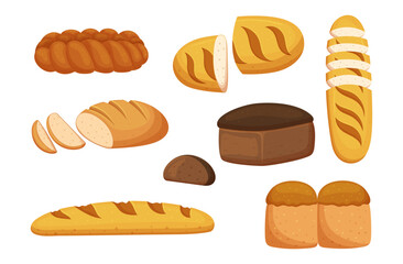 Set Different Bread, Rye And Wheat Bakery Products. Isolated Baguette, Loaf, Bun Pastry Collection On White Background