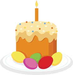 Easter cake, colored eggs for Easter. Flat style vector element for poster, flyer, postcard, cover, advertising design.